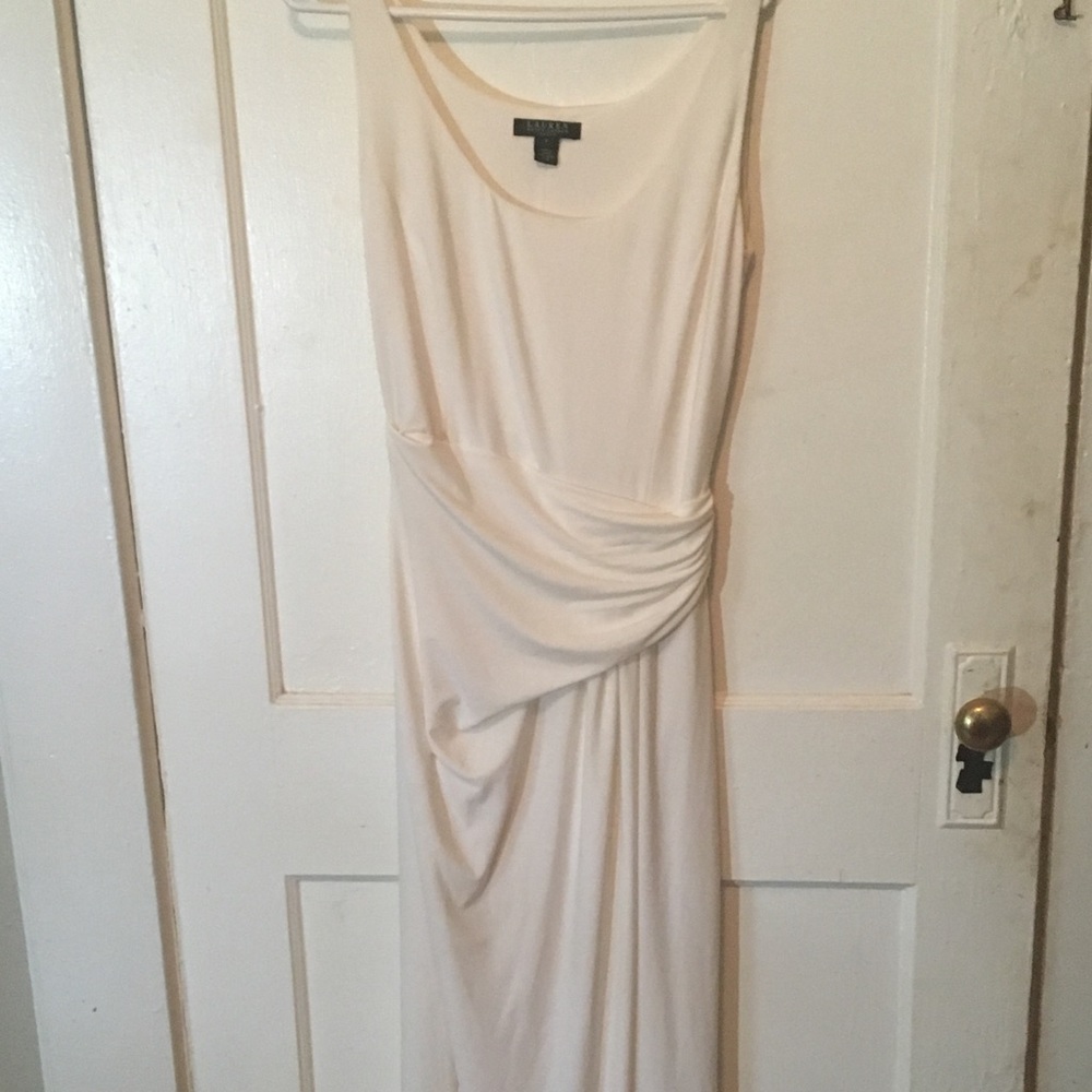 Cream sleeveless long Ralph Lauren gown.